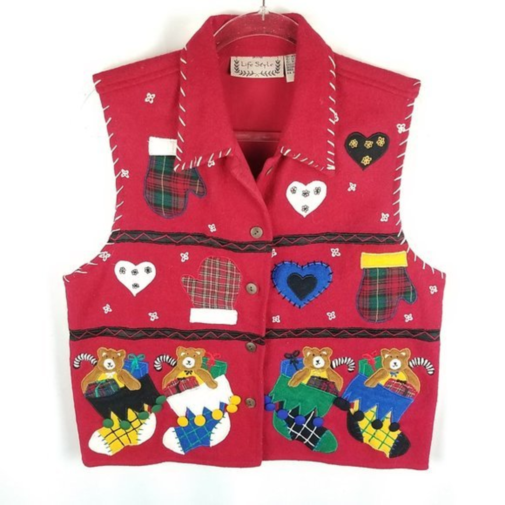 Life Style‎ vest red wool blend ugly Christmas M